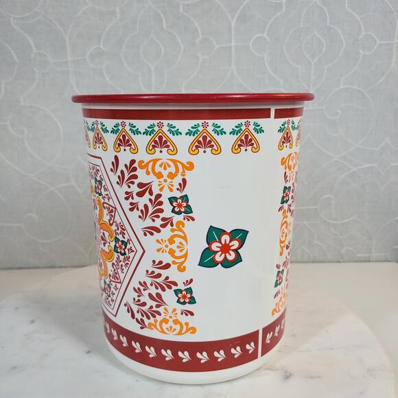 VINTGE Tupperware One Touch Canister Red Lidded Orange Rosemaling Tole Red 90s - Picture 7 of 14